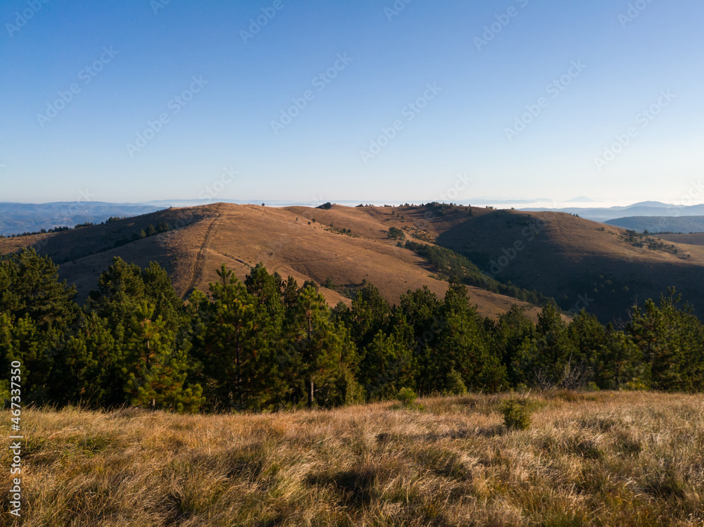 The mountain landscape of the Zlatibor mountain in Serbia seen from the mountain peak Crni vrh