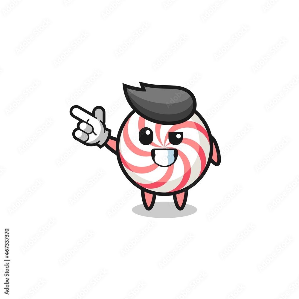 swirl lollipop mascot pointing top left