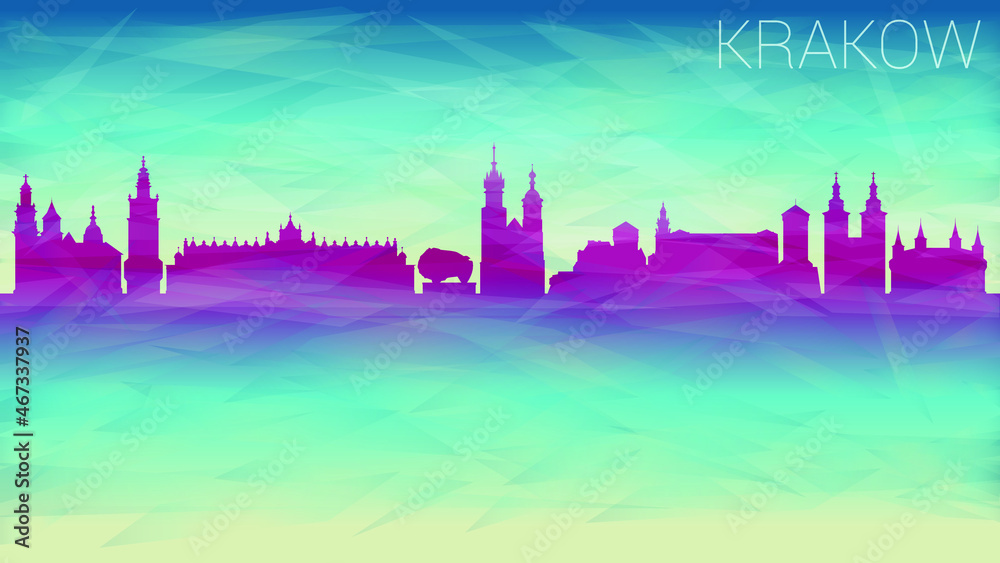 Krakow Polonia City Skyline Vector Silhouette. Broken Glass Abstract  Textured. Banner Background Colorful Shape Composition.