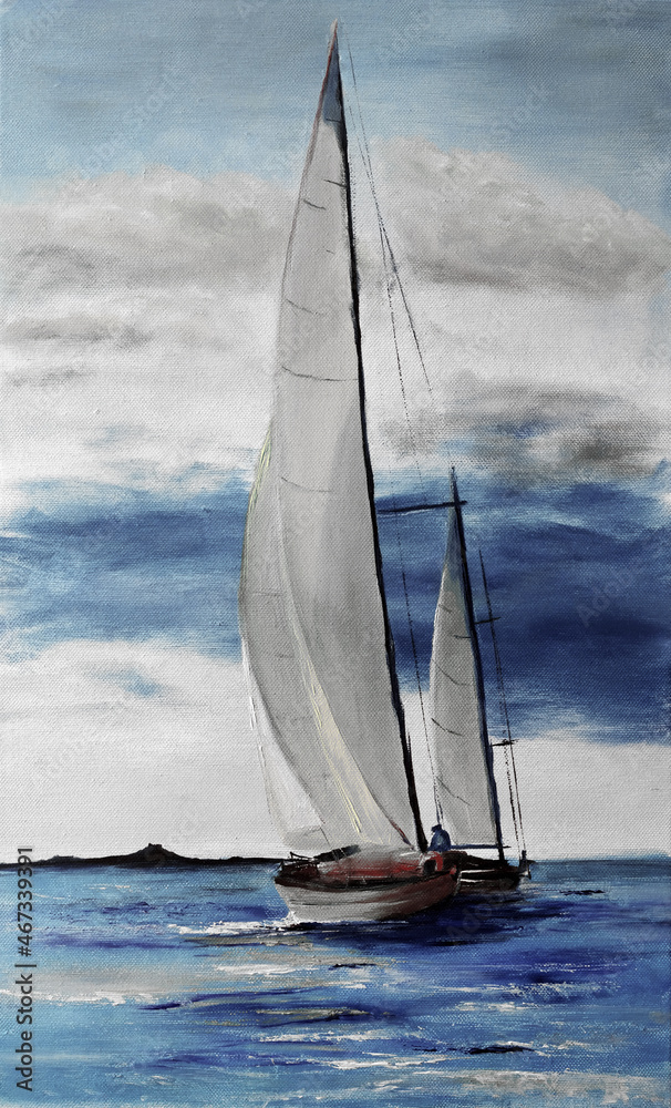 Oil painting on canvas depicting two sailing boats with fisherman on the blue sea