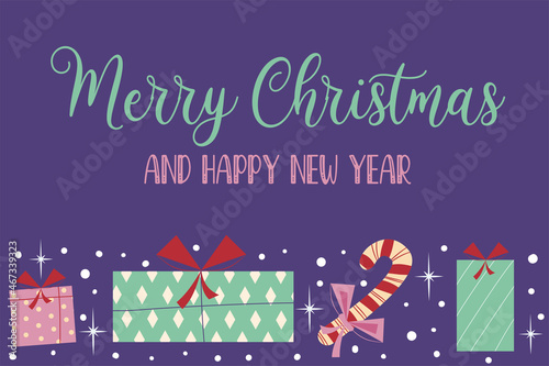 Christmas background retro banner with text merry christmas and gifts.Purple cover with stars, snowflakes, ribbon boxes and candy cane. Festive congratulations. Vector illustration.