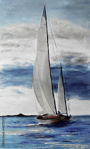 Oil painting on canvas depicting two sailing boats with fisherman on the blue sea