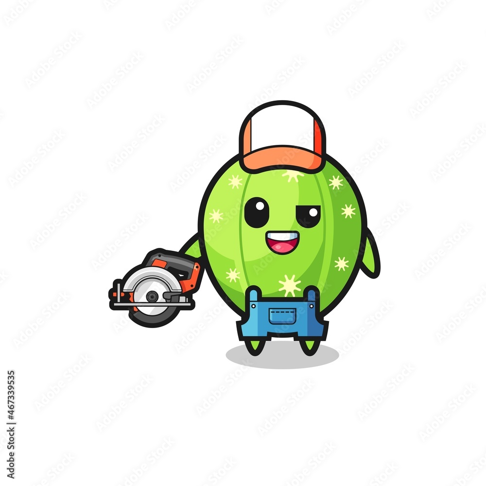 the woodworker cactus mascot holding a circular saw the woodworker cactus mascot holding a circular saw
