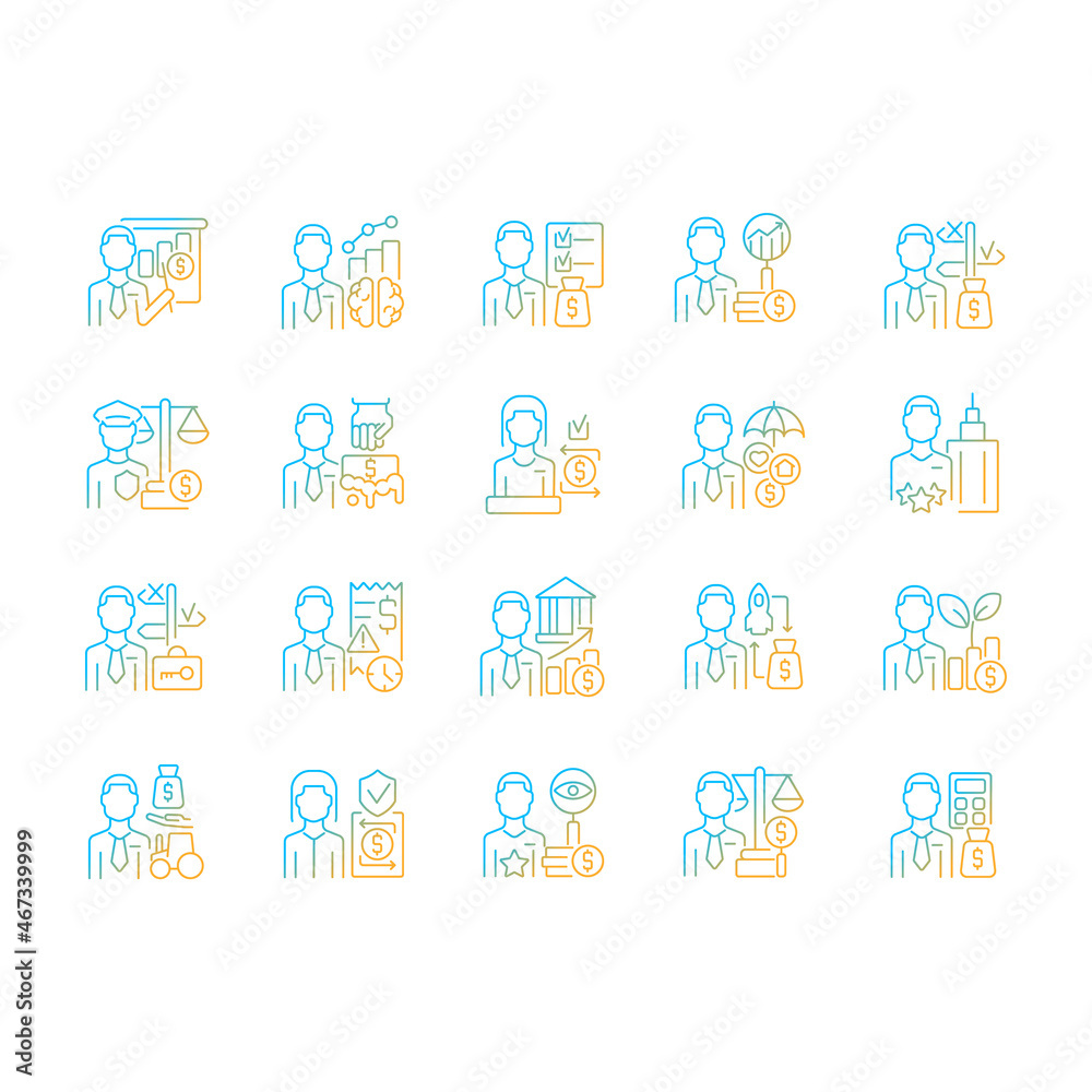Finance careers and jobs gradient linear vector icons set. Management and accounting specialists. Business field employees. Thin line contour symbols bundle. Isolated outline illustrations collection Finance careers and jobs gradient linear vector icons set. Management and accounting specialists. Business field employees. Thin line contour symbols bundle. Isolated outline illustrations collection