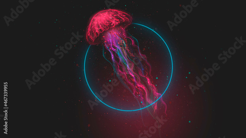 Abstract fantasy neon jellyfish on a black background. Marine jellyfish, colorful neon. 3D illustration. 