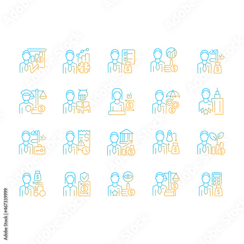 Fototapeta Naklejka Na Ścianę i Meble -  Finance careers and jobs gradient linear vector icons set. Management and accounting specialists. Business field employees. Thin line contour symbols bundle. Isolated outline illustrations collection