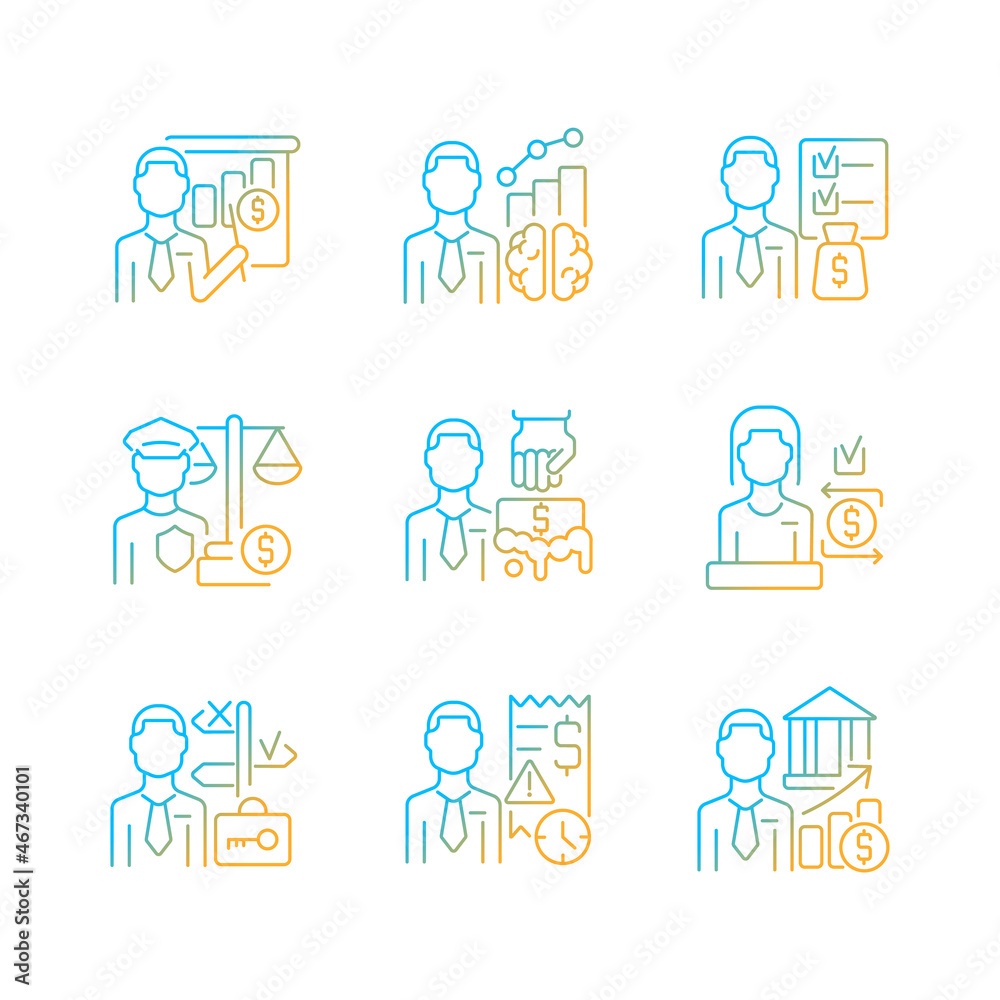 Career in finance field gradient linear vector icons set. Business administration and management. Financial law regulations. Thin line contour symbols bundle. Isolated outline illustrations collection