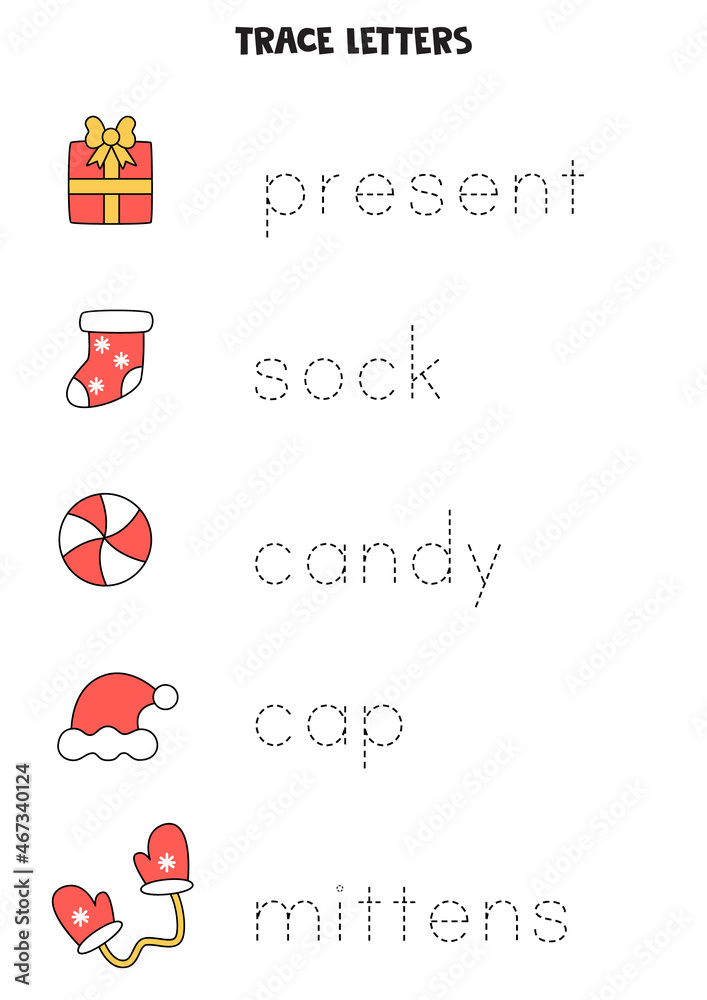 Tracing letters. Trace names of Christmas pictures. Writing practice. Tracing letters. Trace names of Christmas pictures. Writing practice.