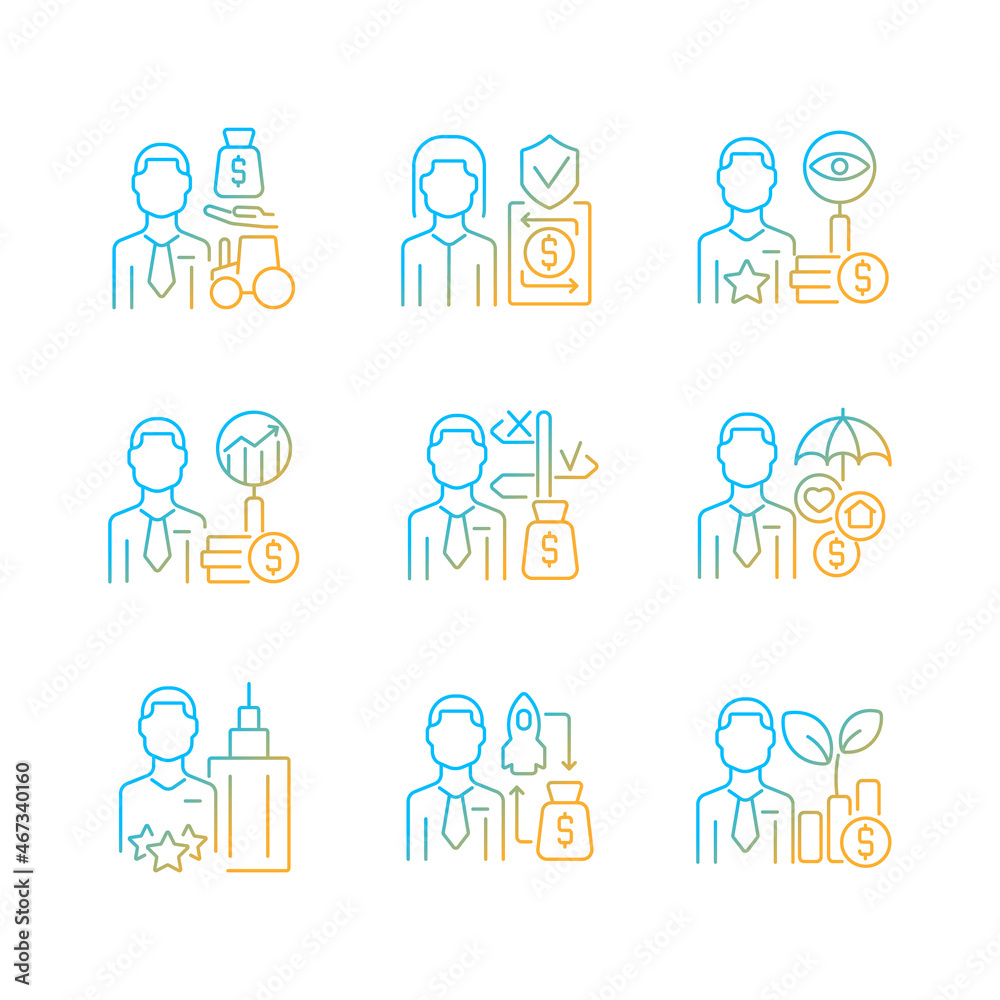 Finance jobs gradient linear vector icons set. Investment specialists. Financial safety and insurance. High level executive. Thin line contour symbols bundle. Isolated outline illustrations collection Finance jobs gradient linear vector icons set. Investment specialists. Financial safety and insurance. High level executive. Thin line contour symbols bundle. Isolated outline illustrations collection