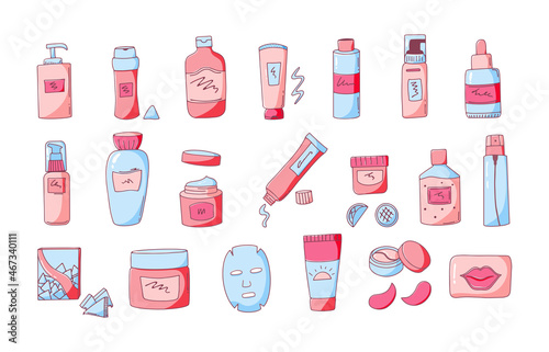 Hand drawn set of beauty skin care products. Korean cosmetic design elements. Collection of colored icons isolated on white background Vector illustration