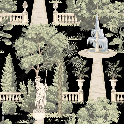 Park vintage Italian landscape, gallery, marble sculpture, fountain, trees, bush floral seamless pattern black background. Garden botanical wallpaper.
