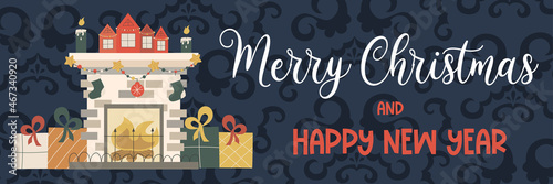 Christmas banner with text Merry Christmas and fireplace with gifts.Patterns on a dark background, fireplace with fire, house, socks and gifts. Vector illustration of festive vertical banner