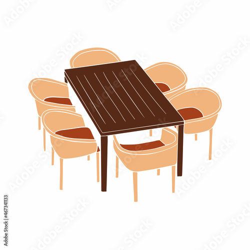 Interior design terrace patio with rattan garden furniture. Table with six chairs vector illustration. Catering business, food court and outdoor design concept in flat style