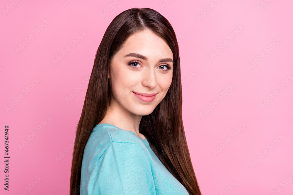 Photo portrait of girl pretty happy smiling cheerful in casual clothes isolated on pastel pink color background Photo portrait of girl pretty happy smiling cheerful in casual clothes isolated on pastel pink color background