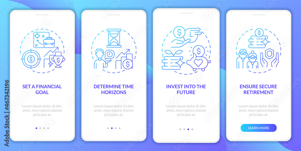 Plan pension goals onboarding mobile app page screen. Investments future income walkthrough 4 steps graphic instructions with concepts. UI, UX, GUI vector template with linear color illustrations Plan pension goals onboarding mobile app page screen. Investments future income walkthrough 4 steps graphic instructions with concepts. UI, UX, GUI vector template with linear color illustrations