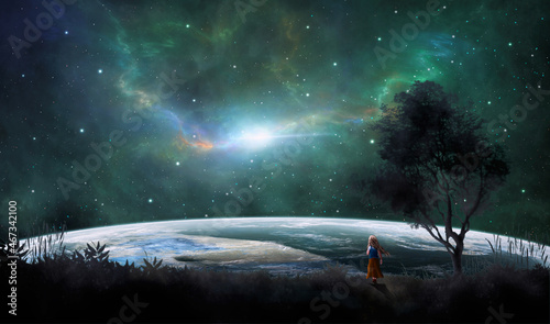 Cute small girl in dress walking on land with tree and planet under colorful nebula. Elements furnished by NASA. 3D rendering photo