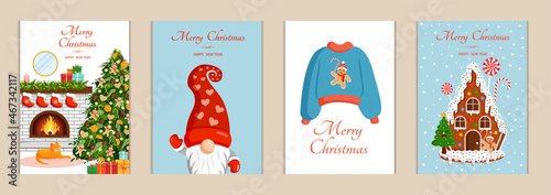Set of cute Christmas cards. Collection of vector New Year illustrations with cozy home, gingerbread house, sweater and gnome.
