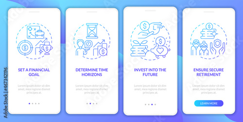 Plan pension goals onboarding mobile app page screen. Investments future income walkthrough 4 steps graphic instructions with concepts. UI, UX, GUI vector template with linear color illustrations