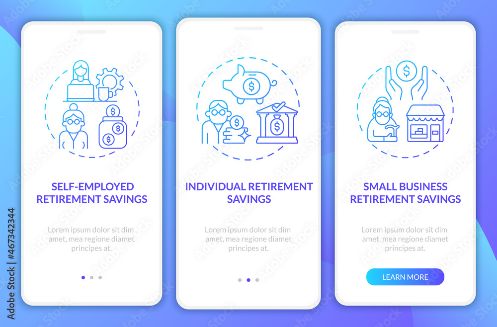 Retirement account types onboarding mobile app page screen. Savings for business walkthrough 3 steps graphic instructions with concepts. UI, UX, GUI vector template with linear color illustrations
