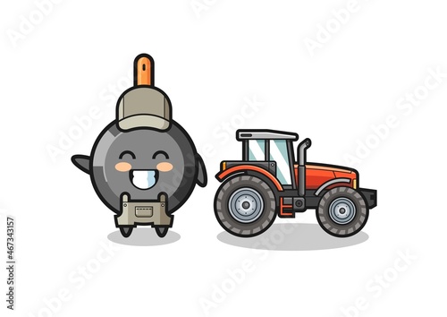 the frying pan farmer mascot standing beside a tractor © heriyusuf
