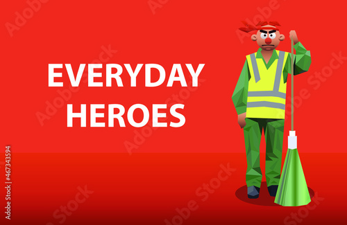 low polygonal vector character of a janitor in the green uniform and yellow vest holding a broom against the orange background with copy space. Written text "everyday heroes".