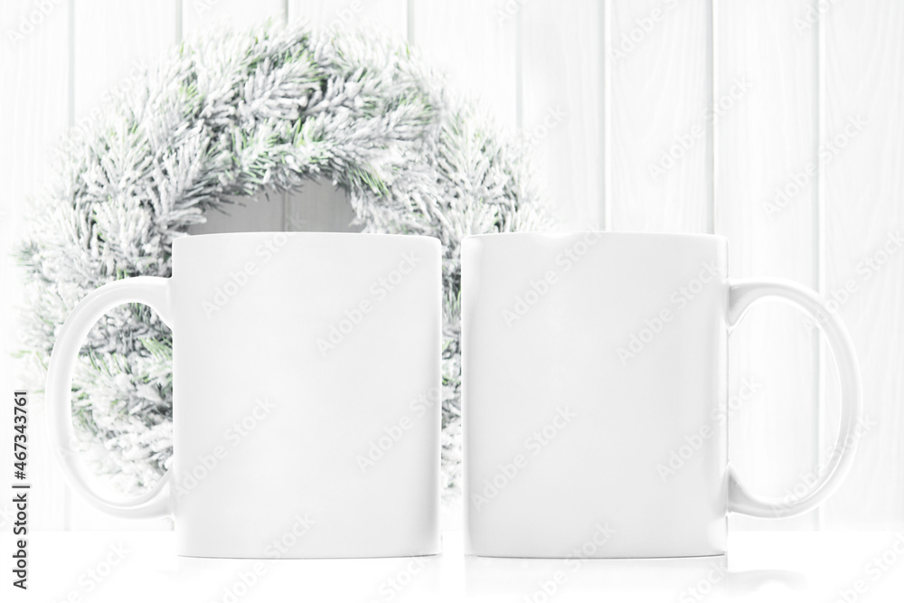 White mug mock up bright Christmas decoration. Sublimation mockup - obrazy, fototapety, plakaty 