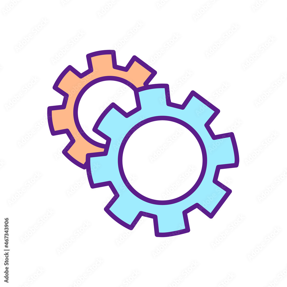 Gears RGB color icon. Mechanical engineering. Machine building, constructing. Technology and industry. Symbol with abstract meaning. Isolated vector illustration. Simple filled line drawing