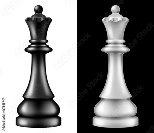 Chess piece Queen, two versions - white and black. Vector illustration.