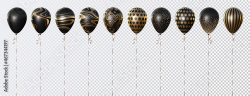 Vector set of 10 3d realistic balloons. Black, with abstract golden texture, with golden confetti circles, with circles, striped. Good for Black Friday designs.
