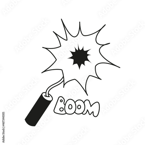 The explosion of firecrackers and the inscription - Boom. Doodle style. Vector graphics.