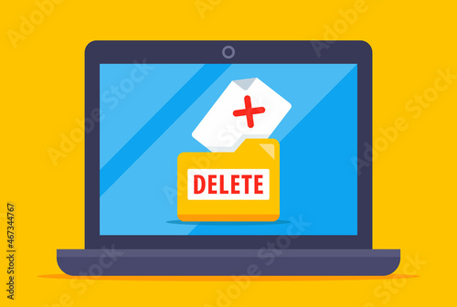 deleting a file from a laptop. clearing data from a computer. flat vector illustration. photo