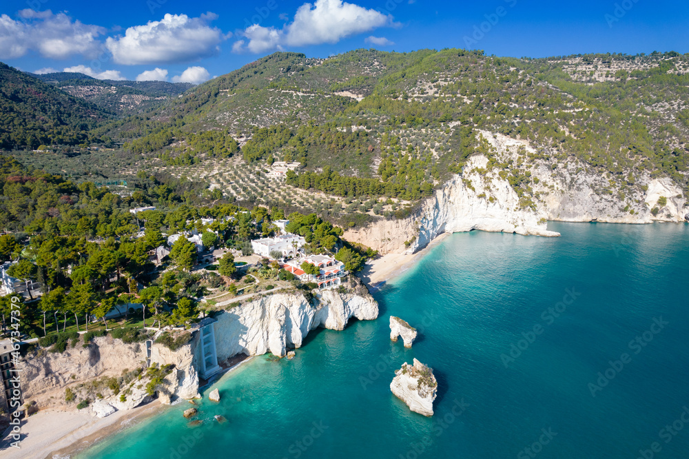 Aerial view of baia delle zagare beach, gargano, puglia