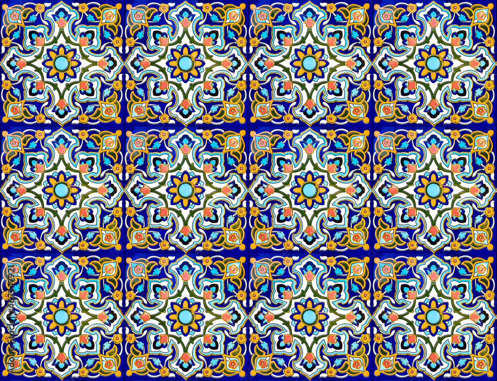 traditional Uzbek pattern on the ceramic tile on the wall of the mosque, abstract background