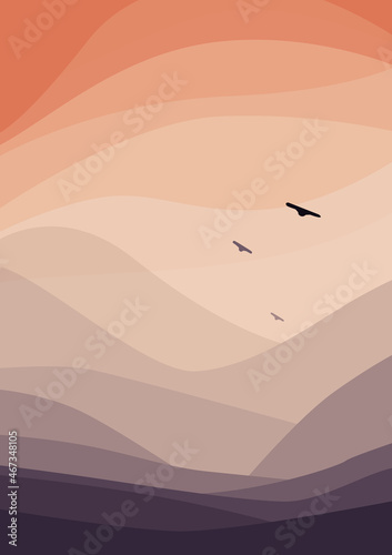 Abstract landscape. Modern art of mountains  orange sky  birds. Vector illustration for wall art  poster  print. Minimal design.