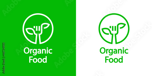 Logotipo dieta saludable. Banner con texto Organic Food con tenedor con hojas de plantas en circunferencia con líneas en fondo verde y fondo blanco	
