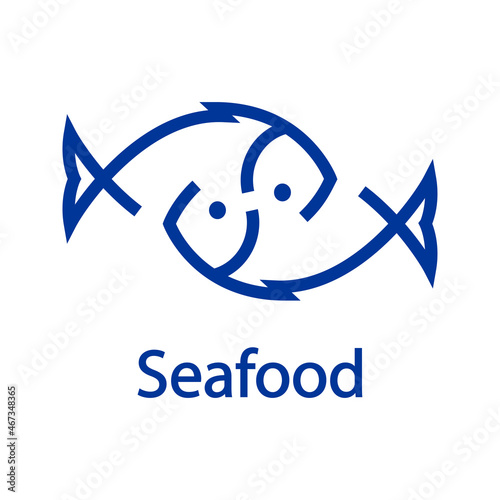 Logotipo restaurante. Banner con texto Seafood y silueta de 2 pescados abstractos con líneas en color azul