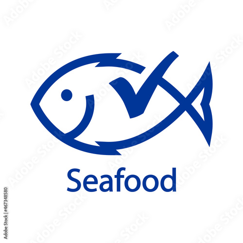 Logotipo restaurante. Banner con texto Seafood y silueta de pescado con checkmark con líneas en color azul