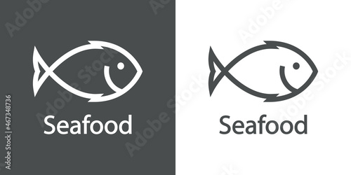 Logotipo restaurante. Banner con texto Seafood y silueta de pescado con líneas en fondo gris y fondo blanco