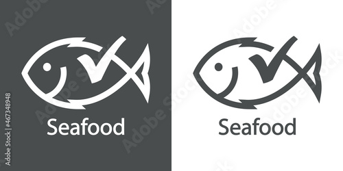 Logotipo restaurante. Banner con texto Seafood y silueta de pescado con checkmark con líneas en fondo gris y fondo blanco