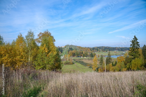 Autumn view of the ski resort and sports and entertainment complex Sorochany in the Moscow region, Russia