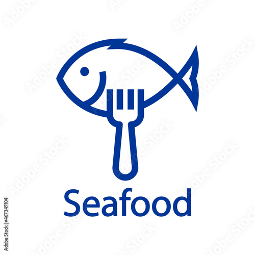 Logotipo restaurante. Banner con texto Seafood y silueta de pescado con tenedor con líneas en color azul