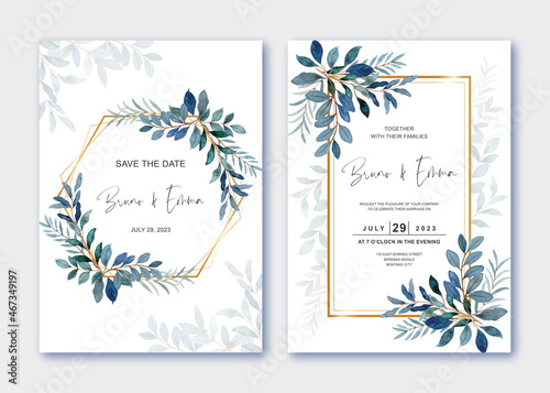 Set wedding invitation template with leaves watercolor