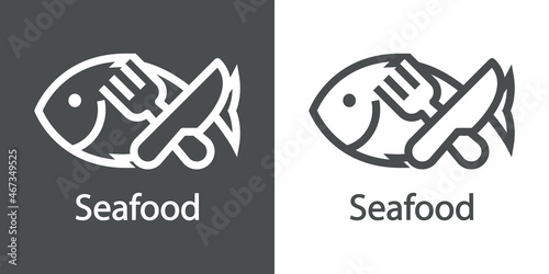 Logotipo restaurante. Banner con texto Seafood y silueta de pescado con tenedor y cuchillo cruzados con líneas en fondo gris y fondo blanco