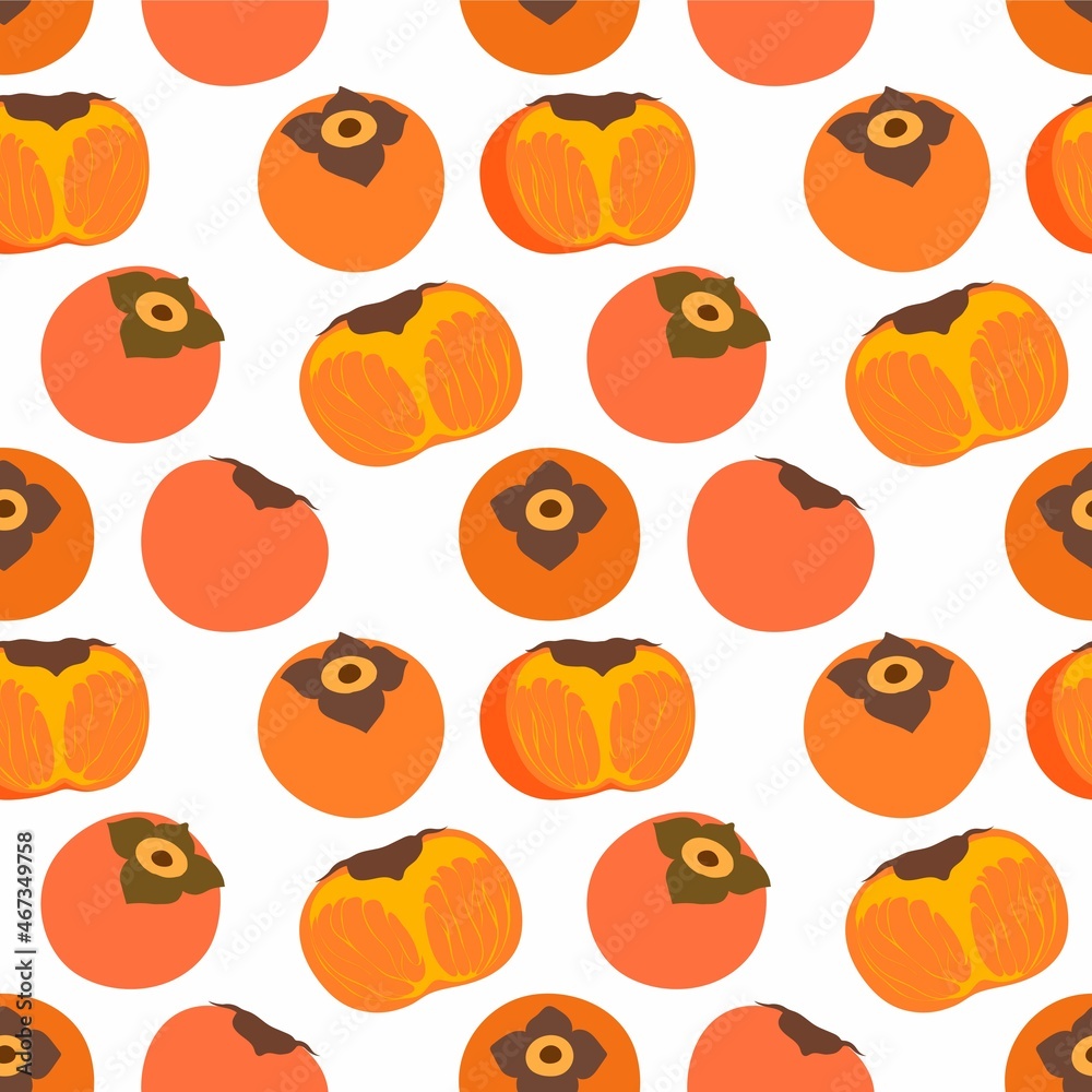 Persimmon seamless background. Whole persimmon and halves of persimmon. Suitable for textiles, fabrics, wrappers, children's illustrations, etc. Persimmon seamless background. Whole persimmon and halves of persimmon. Suitable for textiles, fabrics, wrappers, children's illustrations, etc.