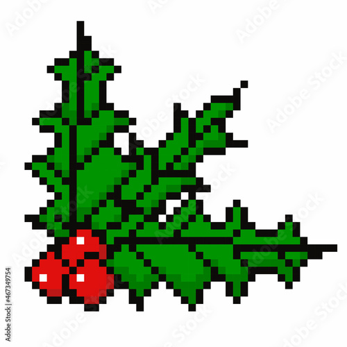 Vector stock graphics isolated on white background.Colored postcard symbol of Christmas,holiday and New Year.Hand-drawn illustration in retro pixel art style bright leaves and berries of mistletoe