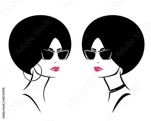 beautiful african american woman with funky hairstyle wearing choker necklace,  red lipstick and sunglasses - glamour and beauty concept vector portrait