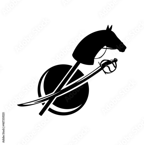 hobby horse with bridle, sabre sword and ball - traditional  boy kid toy set black and white vector silhouette