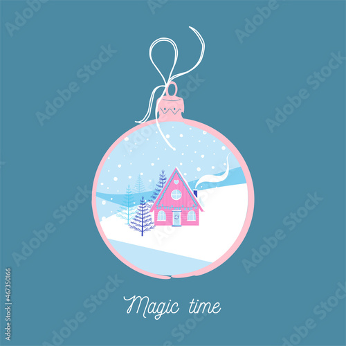Vector illustration of Christmas ball with winter landscape. Fabulous forest house, snowdrifts and firs. Good for greeting cards and textile prints.