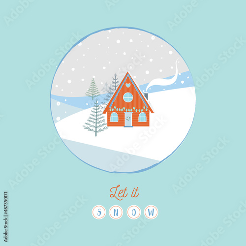 Vector illustration of countryside winter landscape. Fabulous forest house, snowdrifts and firs. Good for greeting cards and textile prints.
