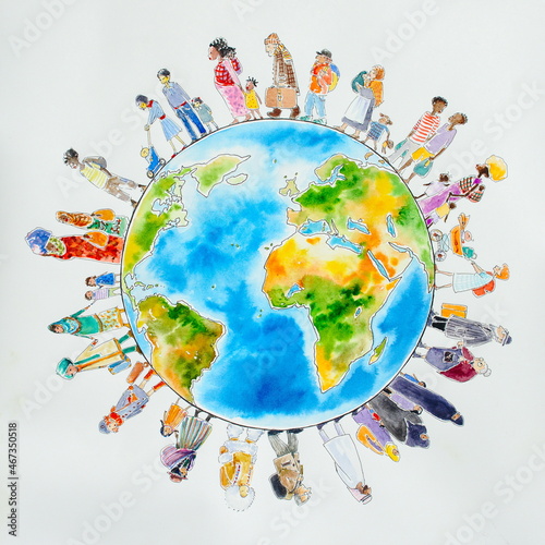 Illustration of migrant people different nationalities around Earth.Picture created with watercolors.